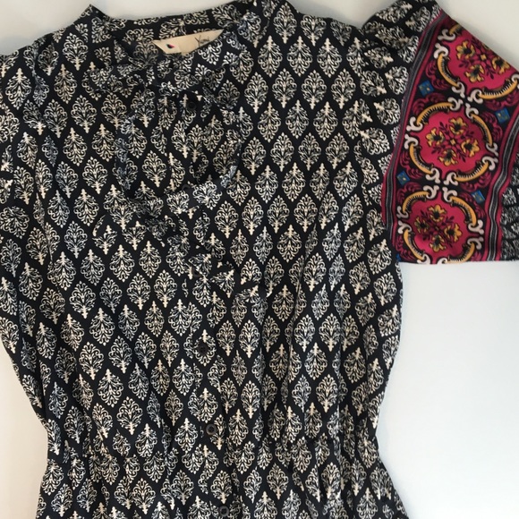 Yumi Black White Ikat Dress Border Print Tie Neck - Picture 3 of 16